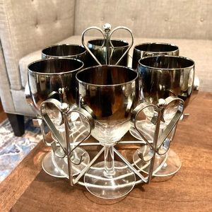 Vintage Silver Fade Wine Glass Set Chrome Heart Caddy Mid Century Goblet Set